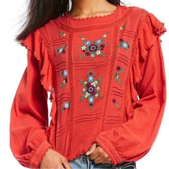Free People Amy Red Floral Embroidered Top - Picture 3 of 7
